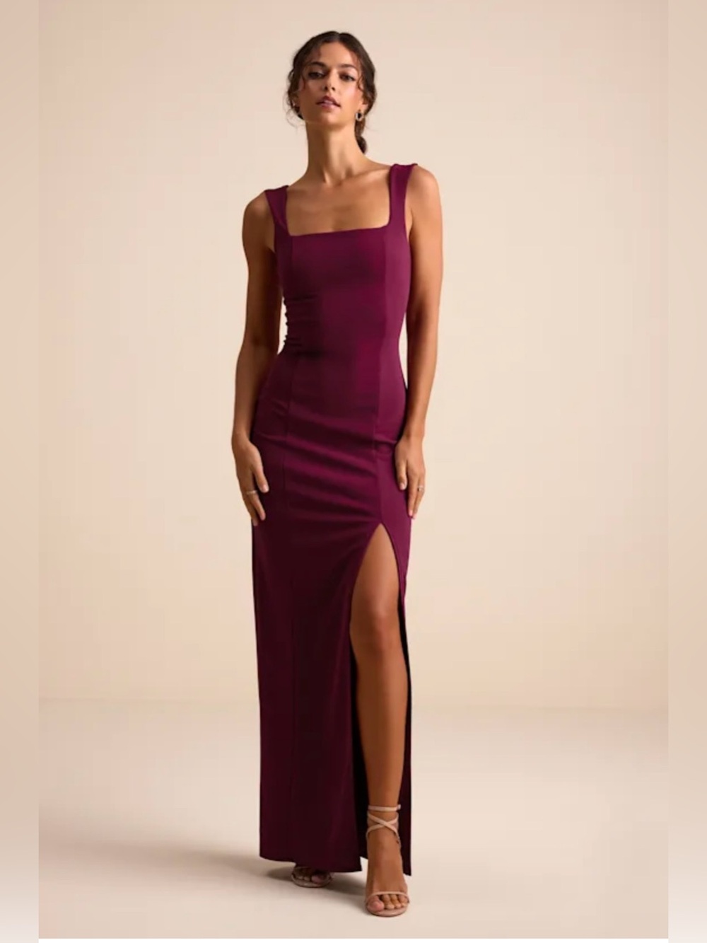 NWT Lulu's Plum Square-Neck Maxi Dress with Thigh Slit